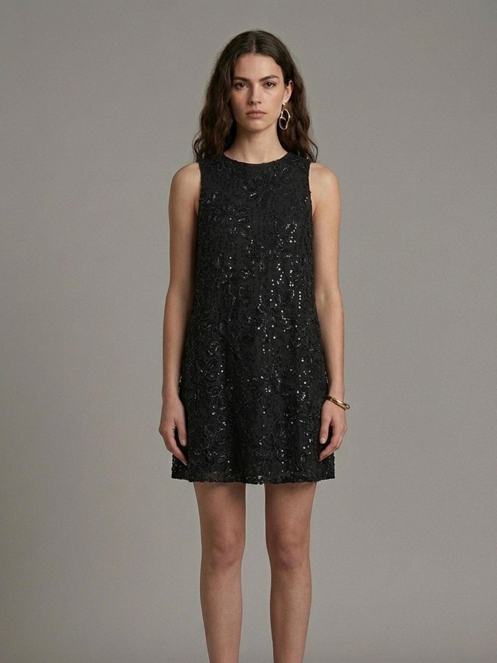 Black Sleeveless Floral Appliqué Mini Dress